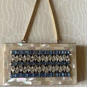 Beautiful Mother of Pearl and Rhinestone Make up 1950s Purse